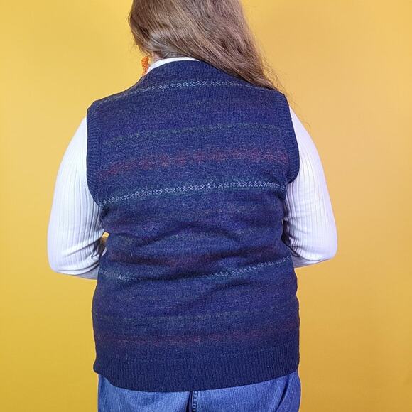 Vintage Navy Blue Striped V-Neck Sweater, L - Picture 3 of 4